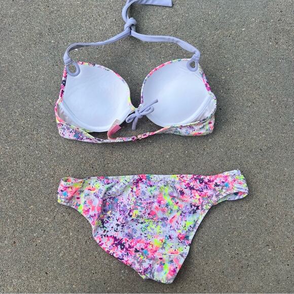 Victoria’s Secret 34C/M The Gorgeous Push-up Knockout Bikini Neon Splatter Foil - Picture 2 of 7